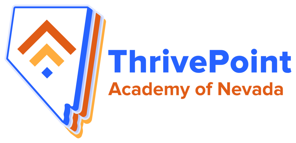 Logo of ThrivPoint Academy of Nevada. Orang blue and yellow outlined Nevada state symbol layer with Orang blue and yellow arrow with white glow around logo and text
